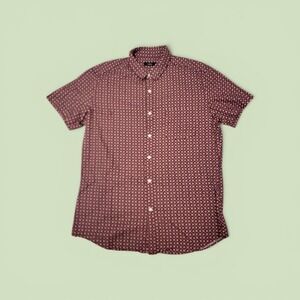 Nutexrol Mens Short Sleeve Button Down Shirt Burgundy Geometric Print Size L